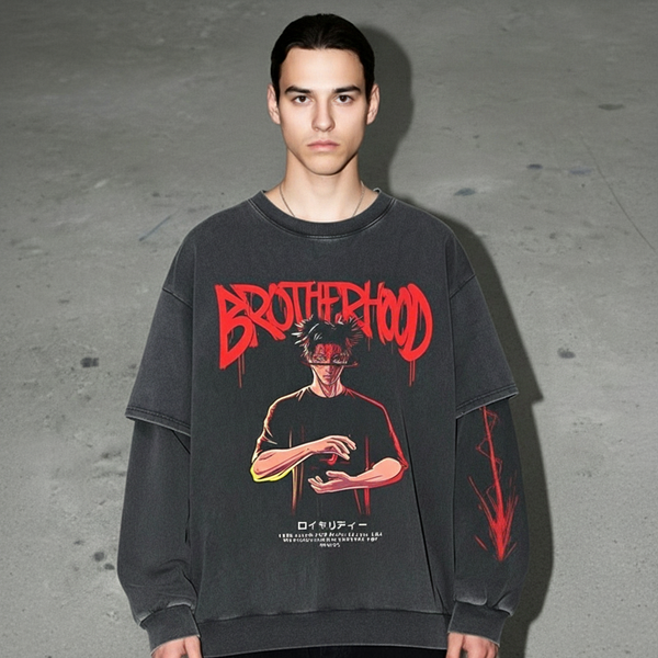 Black distressed long-sleeve t-shirt with a graphic of Gojo Satoru from Jujutsu Kaisen, with tribal-style patterns on the sleeves.