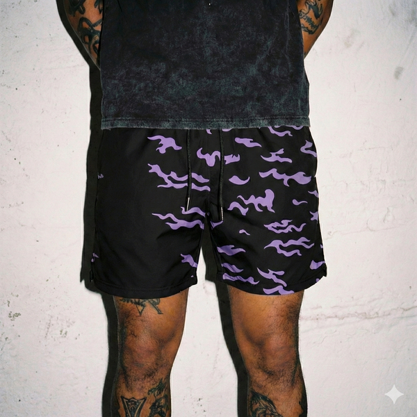 Black shorts with a repeated pattern of the Akatsuki cloud symbol from the anime series Naruto.