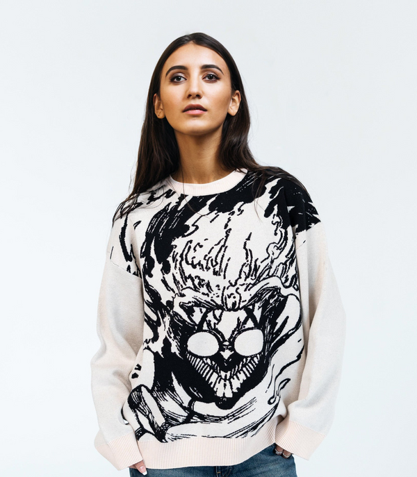 Black knit sweater with a red graphic of the Berserk logo and the Berserker Armor helmet.