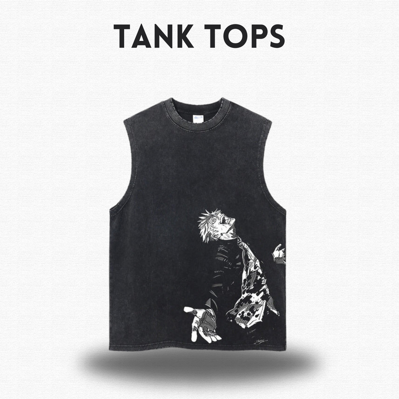 Black distressed tank top with a graphic of Satoru Gojo from Jujutsu Kaisen.