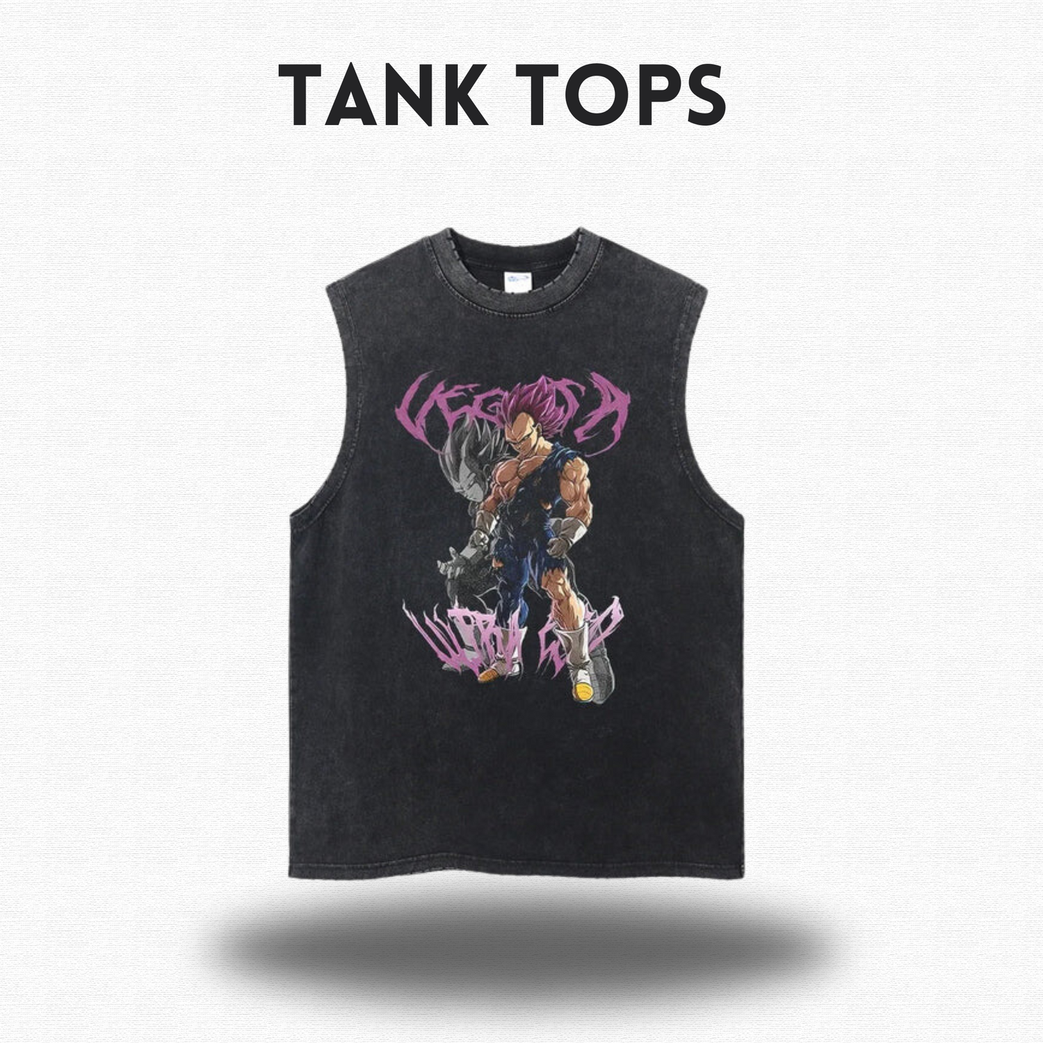 Black distressed tank top featuring Goku Black from Dragon Ball Super, with the text "BLACK" stylized in a metal font.