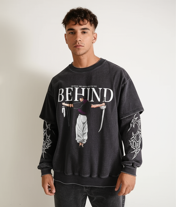 Black distressed long-sleeve t-shirt with a graphic of Gojo Satoru from Jujutsu Kaisen, with tribal-style patterns on the sleeves.