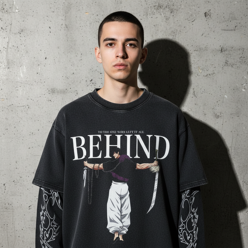 Black distressed long-sleeve t-shirt with a graphic of Gojo Satoru from Jujutsu Kaisen, with tribal-style patterns on the sleeves.