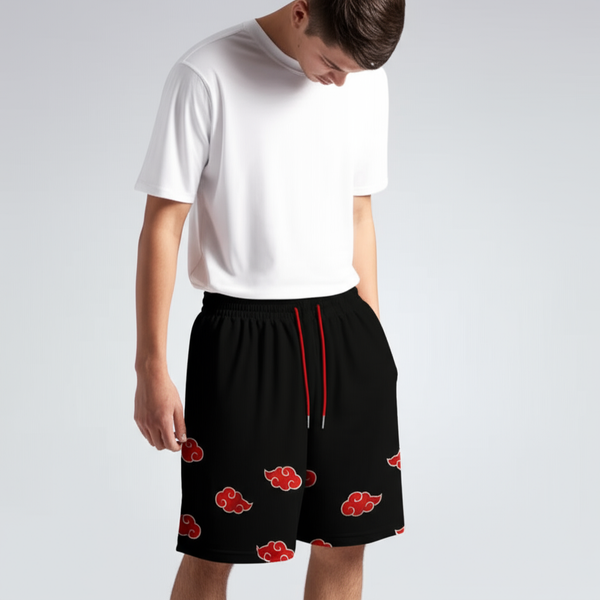 Black shorts with a repeated pattern of the Akatsuki cloud symbol from the anime series Naruto.