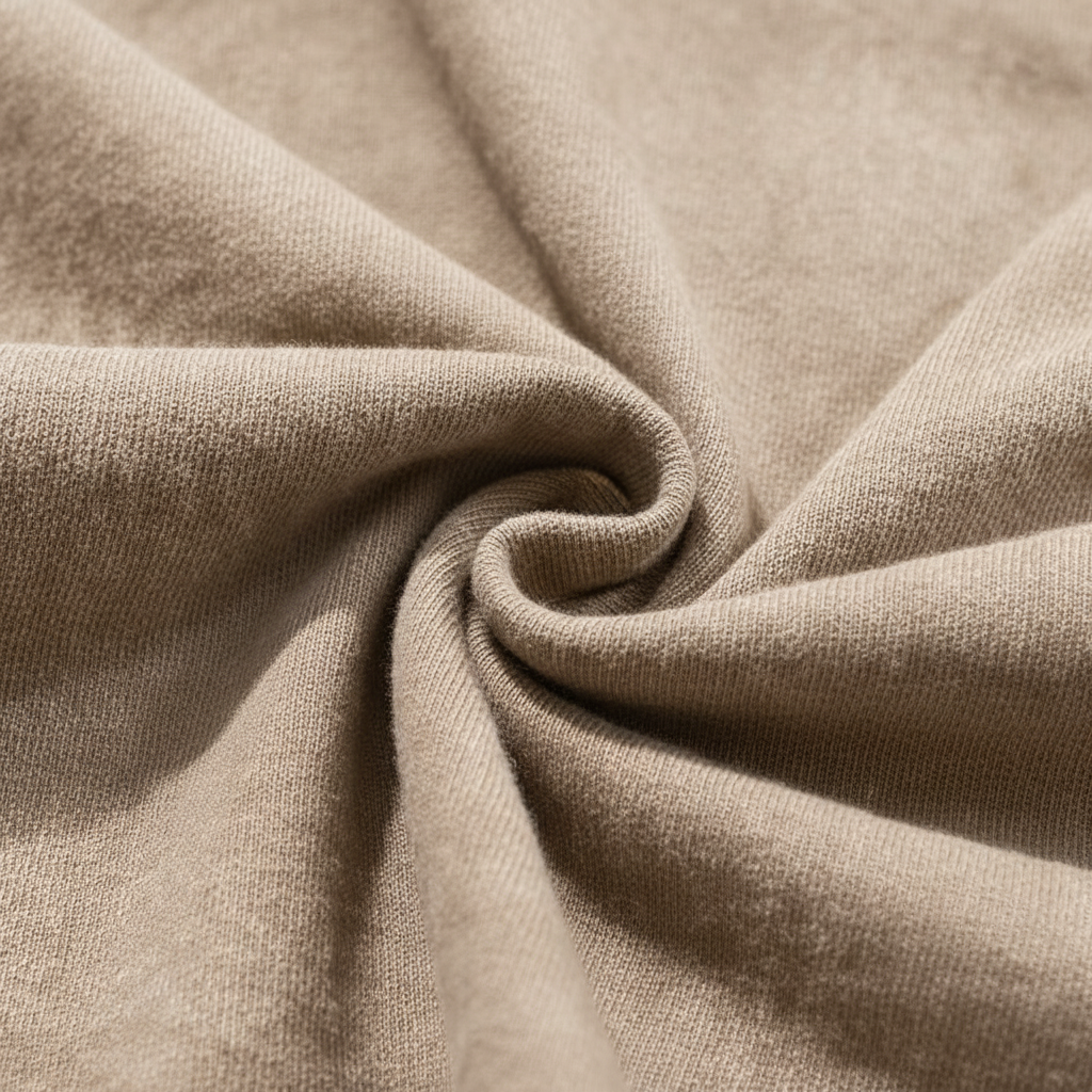 Macro view of folded 240 GSM heavyweight cotton fabric showing thick vintage brown acid wash texture and density.