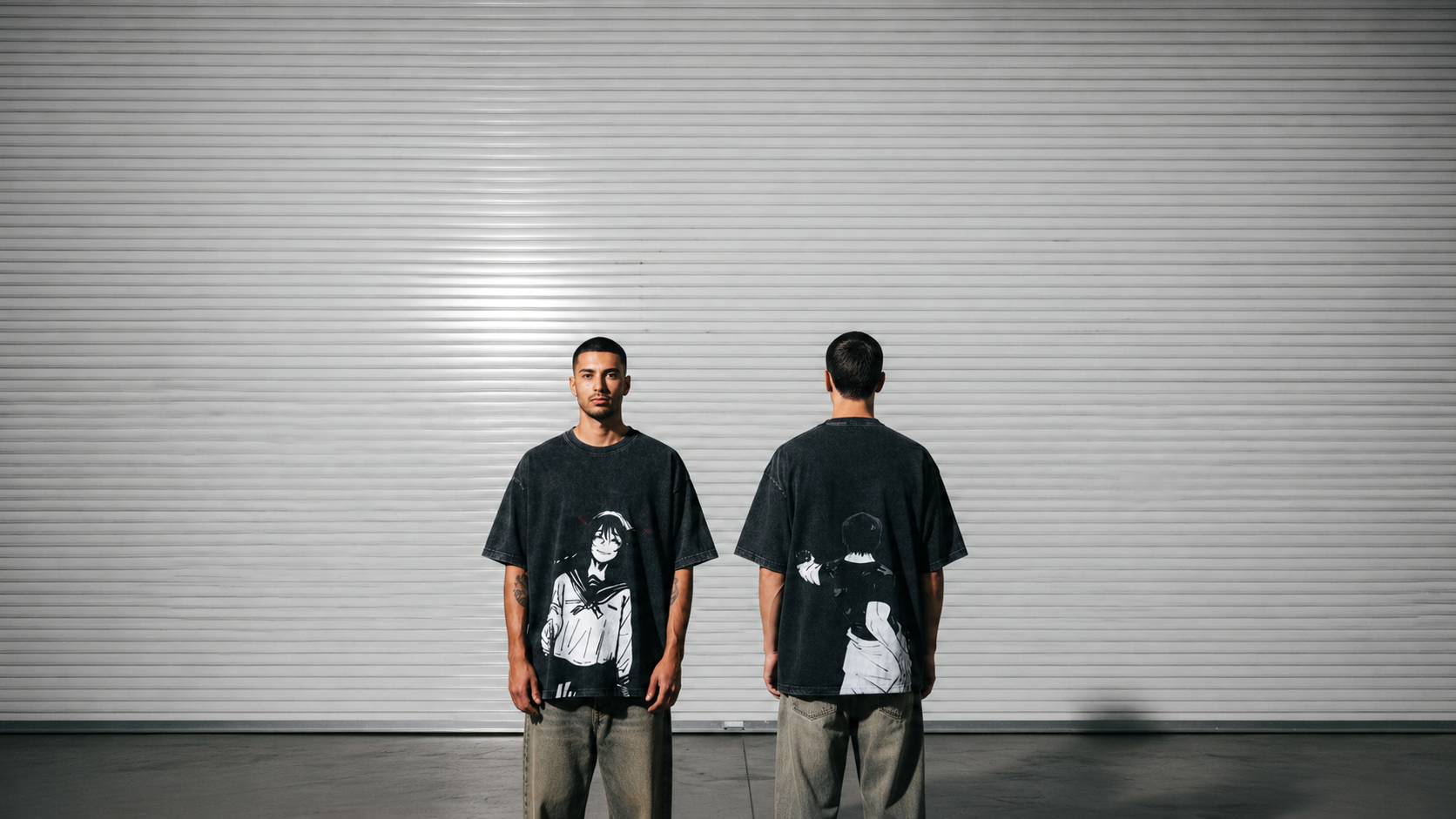 Two people wearing black t-shirts with graphic designs standing in front of a gray garage door.