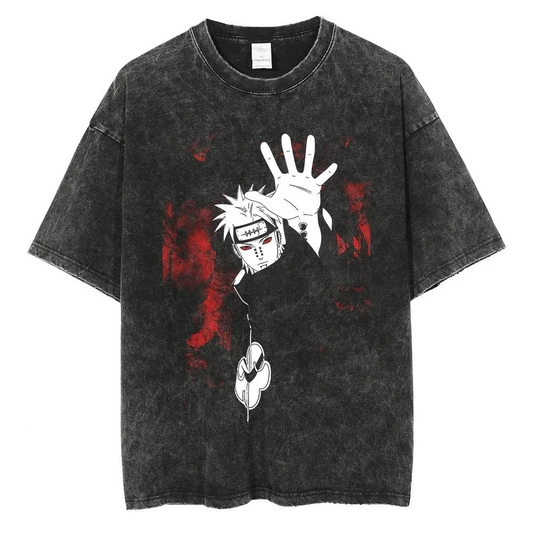  A black t-shirt with a distressed print of Naruto Uzumaki from Naruto, in Sage Mode with the Nine-Tails Chakra Mode activated. 
