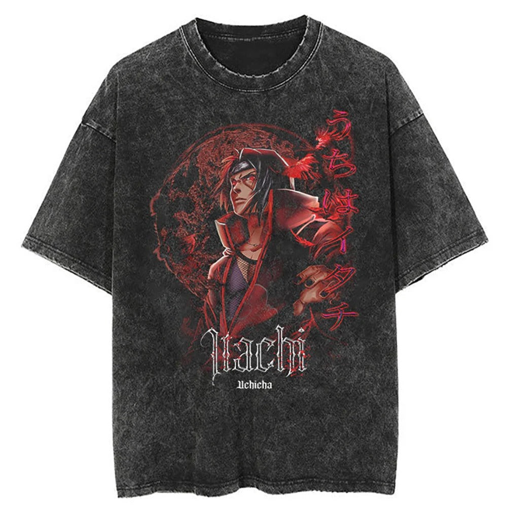 A black t-shirt with a distressed print of Itachi Uchiha from Naruto, with the Japanese characters for "Uchiha Itachi" written below