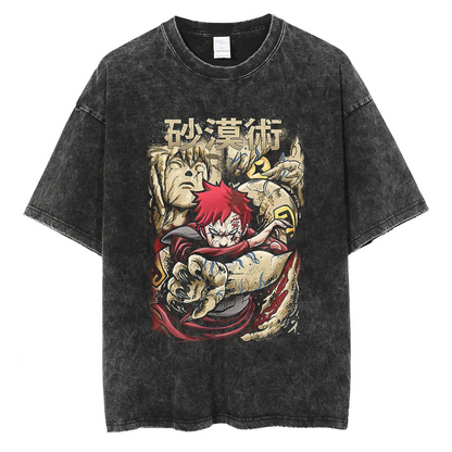 A black t-shirt with a distressed print of Gaara from Naruto. The image features Gaara in a powerful pose, with the Japanese text "Gaara" written above him.