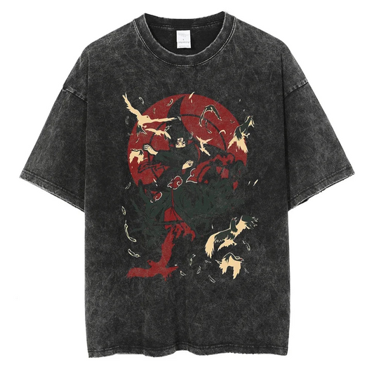 A black t-shirt with a distressed print of Itachi Uchiha from Naruto, standing on a mountain peak with crows flying around him.