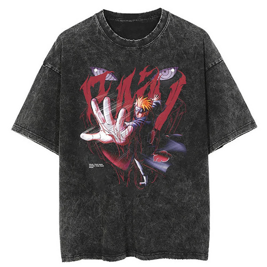  A black t-shirt with a distressed print of Naruto Uzumaki from Naruto, activating the Nine-Tails Chakra Mode. The image also includes the Sharingan eyes.
