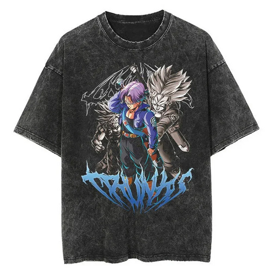 A black t-shirt with a distressed print of Trunks and Zamasu from the Dragon Ball series. The two characters are depicted in a dynamic pose, with the text "TRUNK" and "ZAMASU" stylized in bold letters.