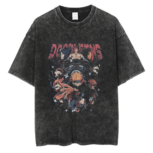 A black t-shirt with a distressed print of the Akatsuki members from Naruto. The image features several Akatsuki members, including Pain, Itachi, and Kisame, with the text "Akatsuki" written in bold letters.