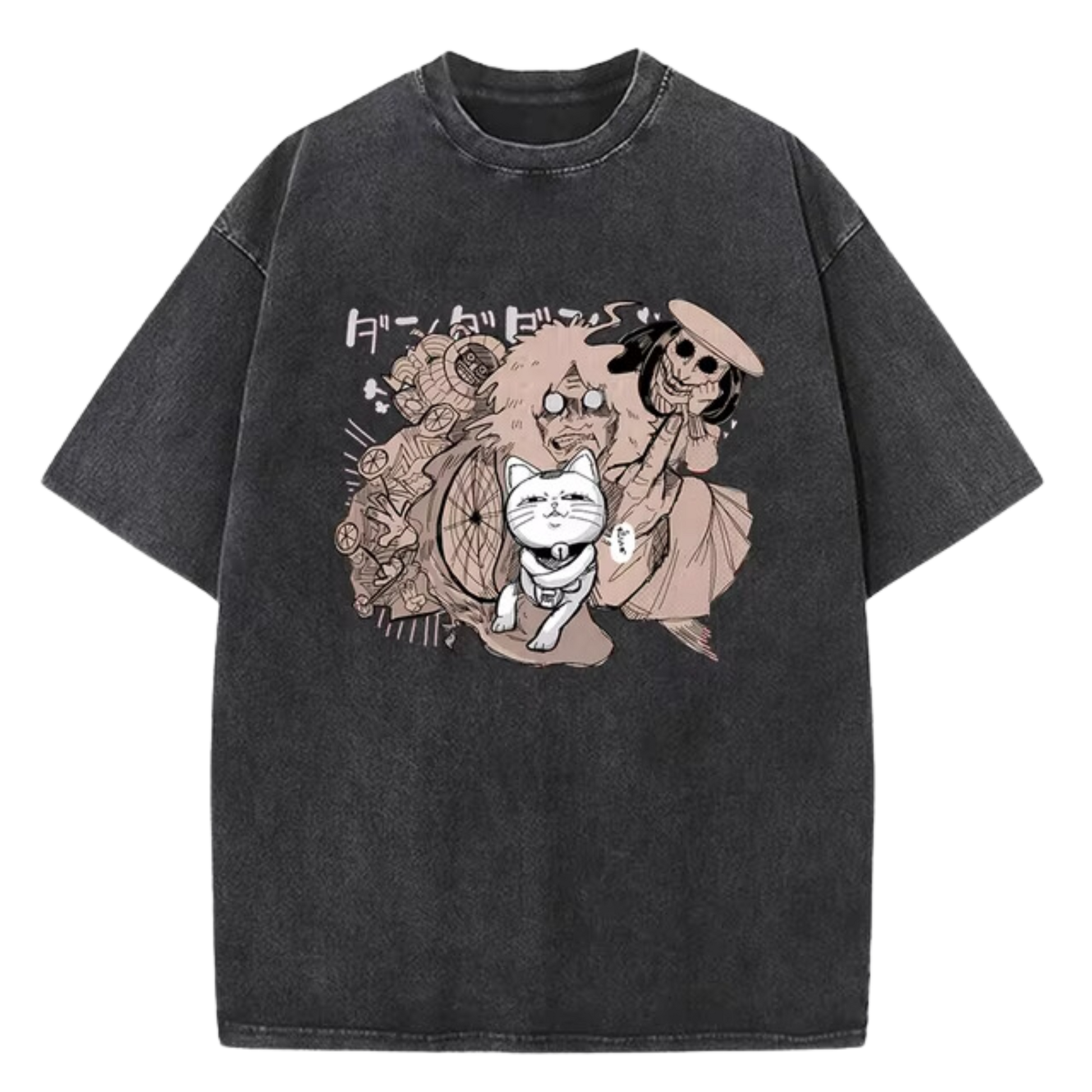 A black t-shirt with a distressed print featuring characters from the manga series "Dandadan." The image showcases Okarun, Momo Ayase, Ken Takakura, and Ayaka Saijo in a chaotic and humorous scene. The Japanese text on the shirt likely references characters or plot points from the series.