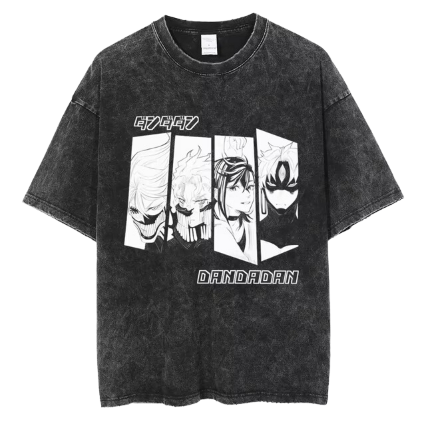  A black t-shirt with a distressed print featuring characters from the manga series "Dandadan." The design includes Ken Takakura , Momoayase, The word "DANDADAN" is printed in large letters below the characters.