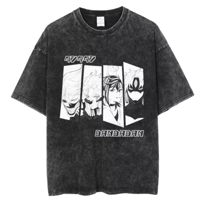  A black t-shirt with a distressed print featuring characters from the manga series "Dandadan." The design includes Ken Takakura , Momoayase, The word "DANDADAN" is printed in large letters below the characters.