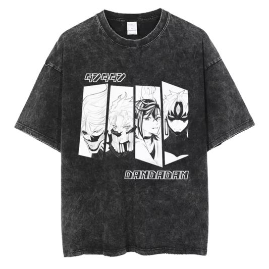  A black t-shirt with a distressed print featuring characters from the manga series "Dandadan." The design includes Ken Takakura , Momoayase, The word "DANDADAN" is printed in large letters below the characters.