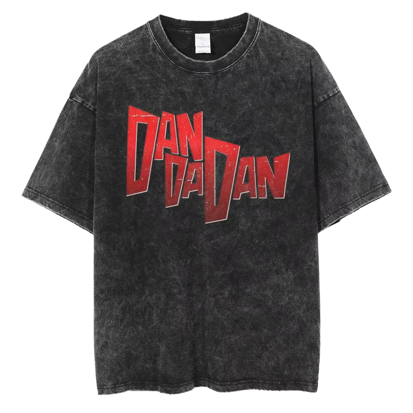 A black t-shirt with a distressed red print of the word "DANDAN" in a bold, stylized font.