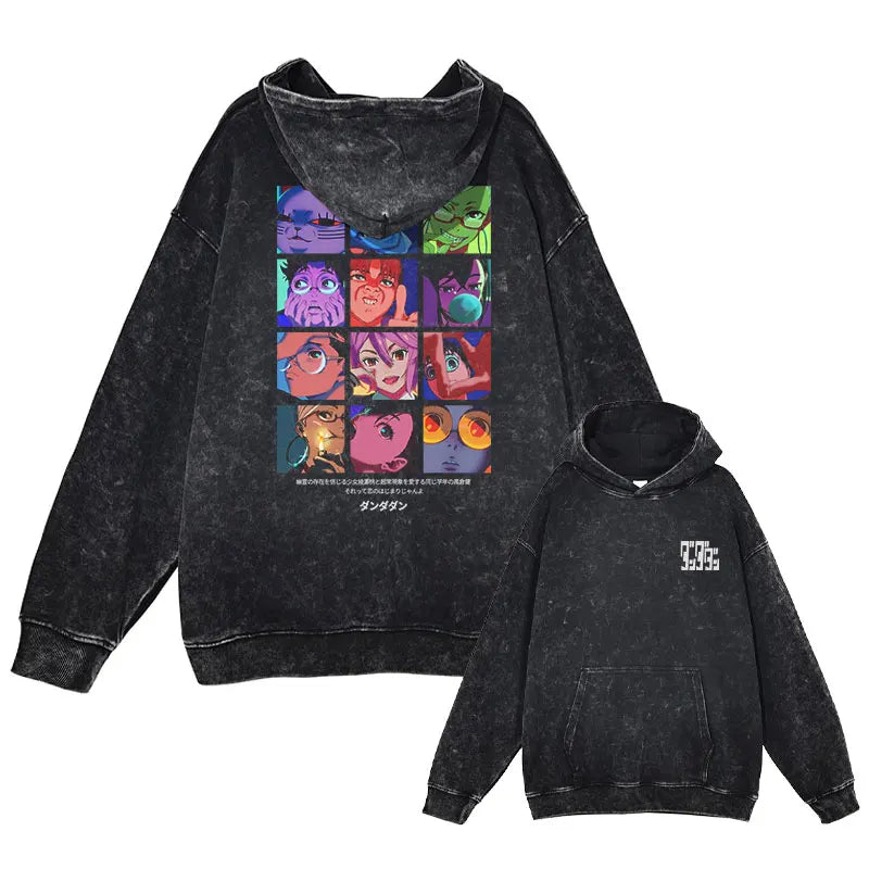 This looks like a Dandadan Hoodie featuring a vintage-style grid of characters from the anime series on the back.