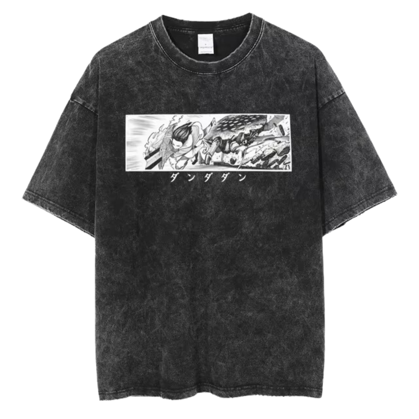 A black t-shirt with a distressed print of a manga panel from the series "Dandadan." The panel features Ken Takakura in action, with the Japanese text "タツヤ" (Tatsuya) written below.