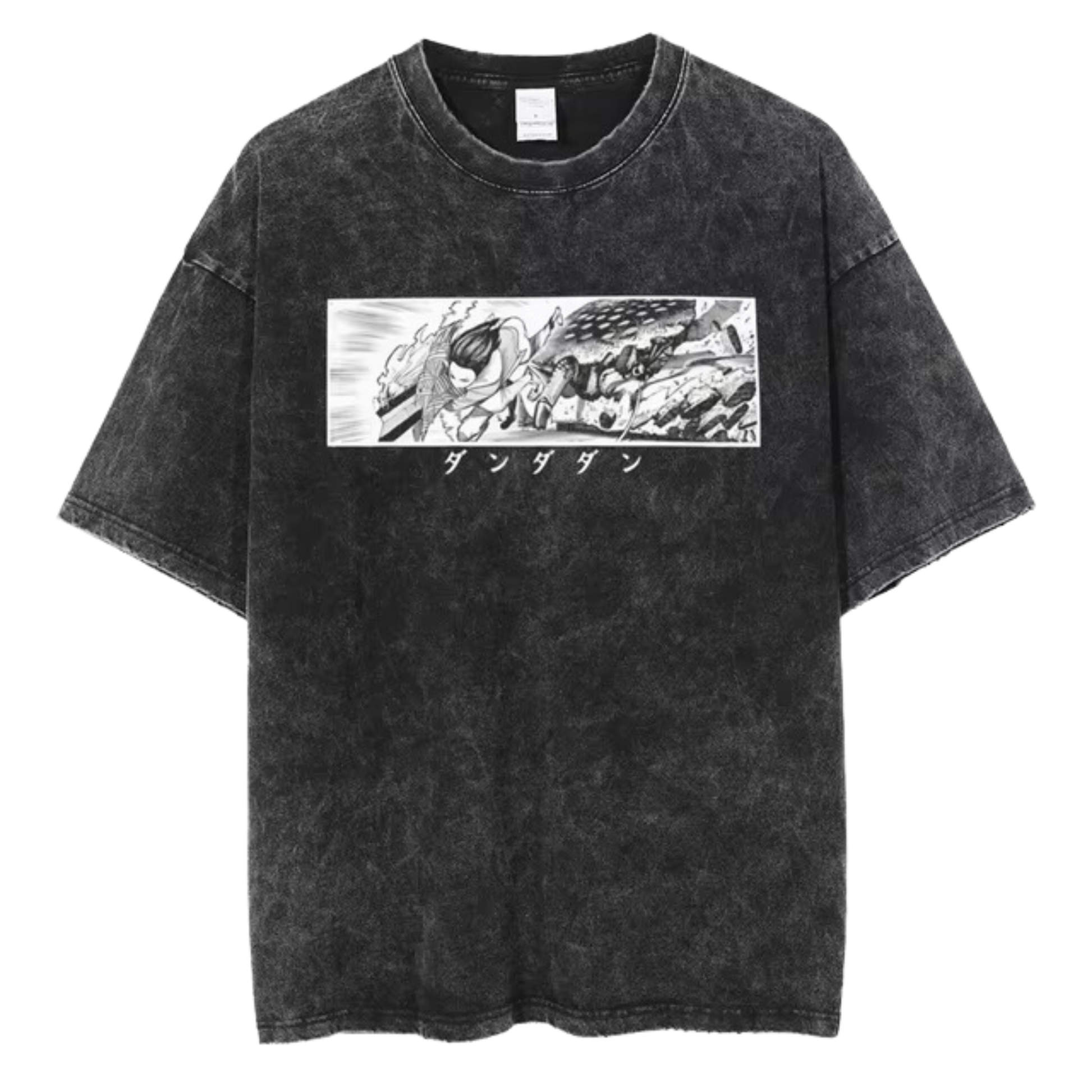 A black t-shirt with a distressed print of a manga panel from the series "Dandadan." The panel features Ken Takakura in action, with the Japanese text "タツヤ" (Tatsuya) written below.