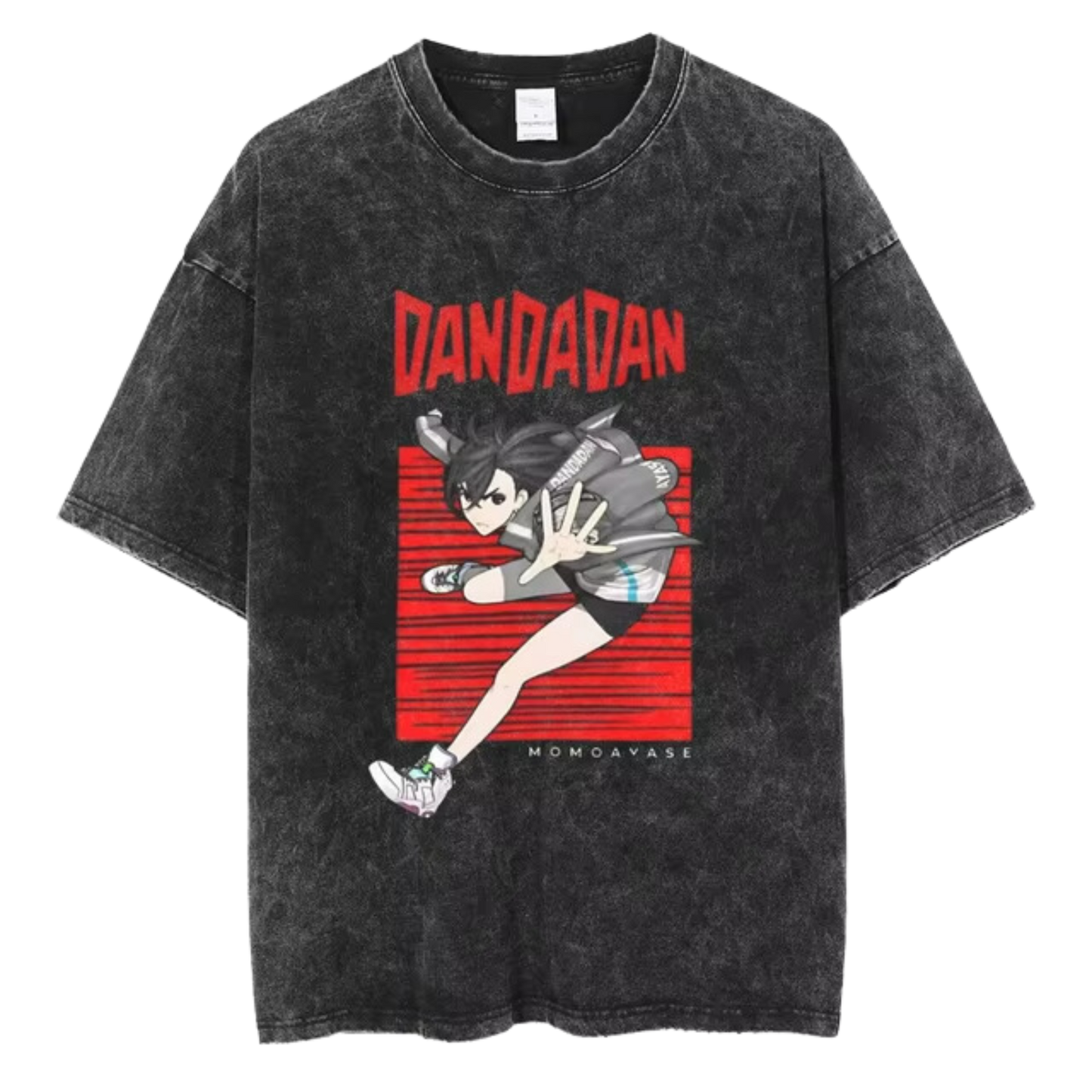 A black t-shirt with a distressed print of Okarun, a character from the manga series "Dandadan." He is depicted in a dynamic pose, with the word "DANDAN" written in red letters above him.