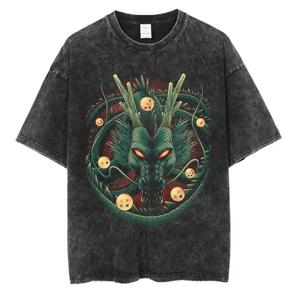 A black t-shirt with a distressed print of the Dragon Balls from the Dragon Ball series. The image features the seven Dragon Balls surrounding the Dragon Balls, with the text "DRAGON BALL" stylized in a bold font.