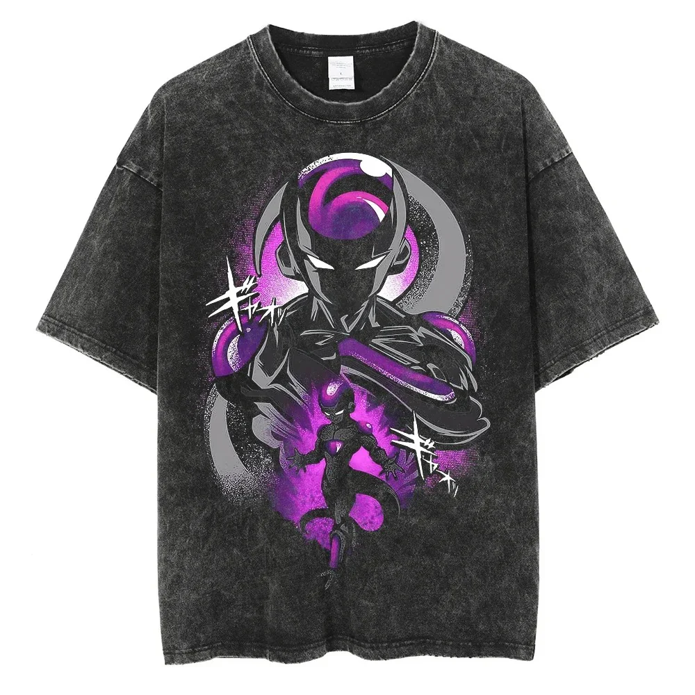 A black t-shirt with a distressed print of Frieza from the Dragon Ball series. The image features Frieza in his final form, with his younger form visible in the background. The text "FREEZA" is stylized in a bold font.