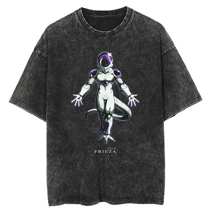 A black t-shirt with a distressed print of Frieza from the Dragon Ball series. The image shows Frieza in his first form, with the text "FREEZA" written below.