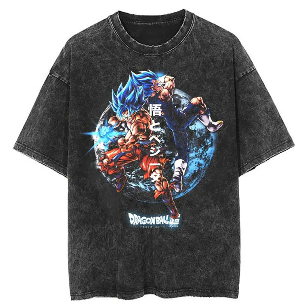 A black t-shirt with a distressed print of Goku and Vegeta fighting in their Super Saiyan Blue forms from the Dragon Ball series. The image features the Earth in the background, and the Japanese text "悟とベジータ" (Goku and Vegeta) is written above.