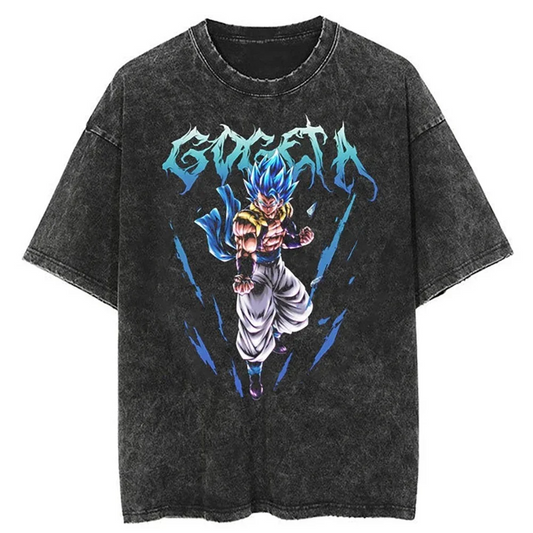 A black t-shirt with a distressed print of Gogeta, the fusion of Goku and Vegeta from the Dragon Ball series. The text "GOGETA" is stylized in a bold font.