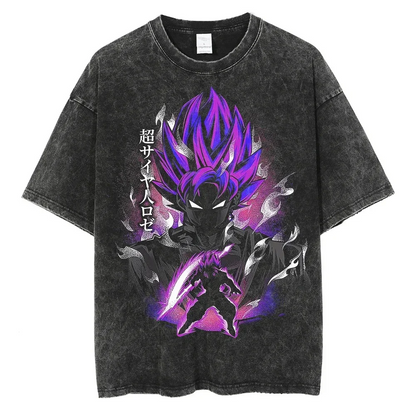 A black t-shirt with a distressed print of Goku Black in his Super Saiyan Rose form from the Dragon Ball Super series. The Japanese text "超サイヤ人ロゼ" translates to "Super Saiyan Rose."