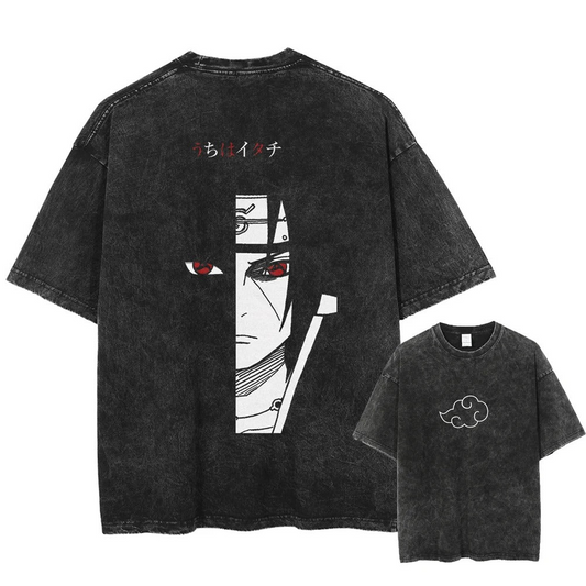 "Black vintage oversized T-shirt featuring a bold design of Itachi Uchiha with his intense Sharingan eyes, framed in a vertical strip on the back. Above the artwork, 'うちはイタチ' (Itachi Uchiha) is written in Japanese text. The front showcases a subtle white Akatsuki cloud emblem near the chest, perfect for fans of the Uchiha clan and Naruto series."