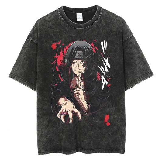 A black t-shirt with a distressed print of Itachi Uchiha from Naruto, with the Japanese characters for "Uchiha Itachi" written below. 
