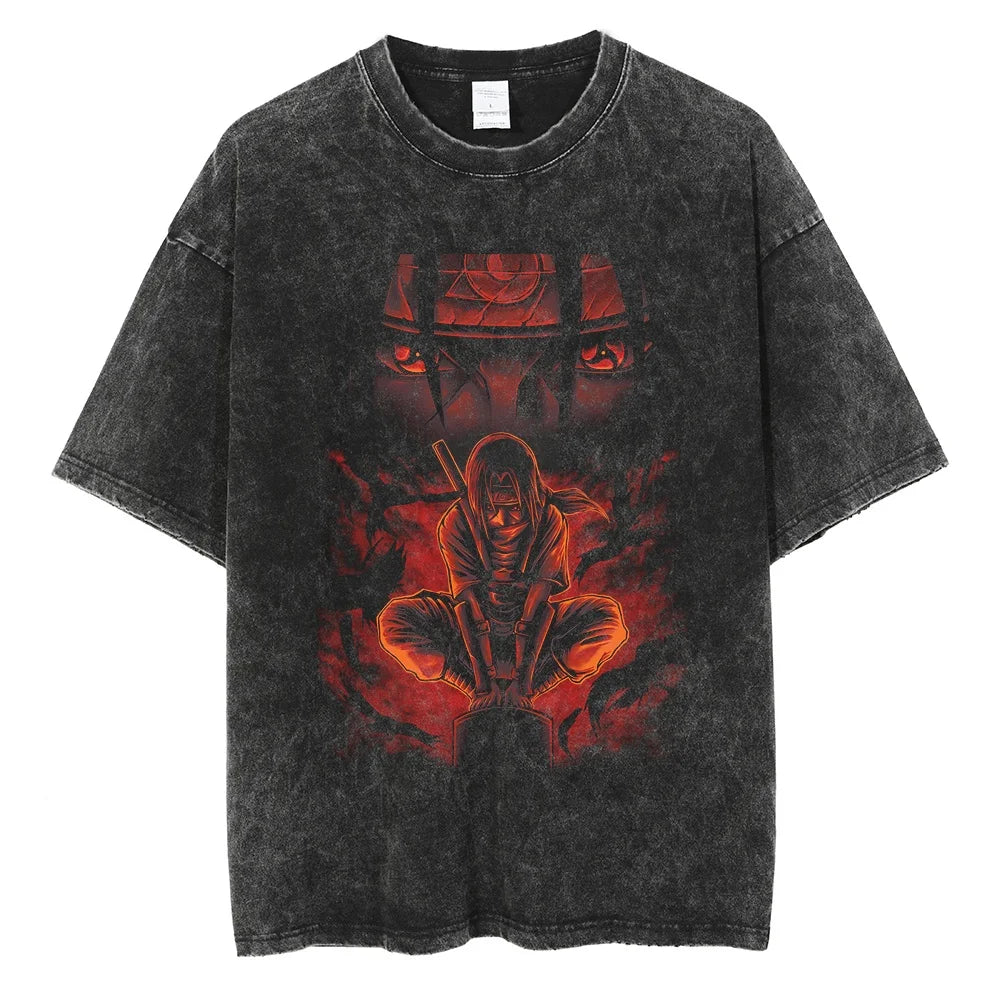 A black t-shirt with a distressed print of Itachi Uchiha from Naruto, sitting in a meditative pose with his Sharingan activated