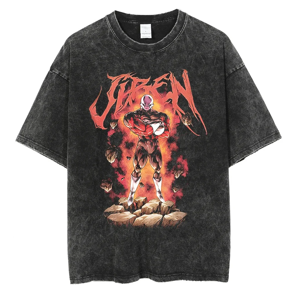  A black t-shirt with a distressed print of Jiren, a powerful Pride Trooper from the Dragon Ball series. The text "JIREN" is stylized in a bold font.