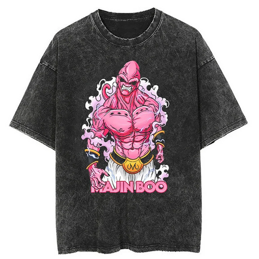  A black t-shirt with a distressed print of Majin Buu in his Super Buu form from the Dragon Ball series. The image shows Majin Buu in a powerful pose, with the text "MAJIN BUU" written below