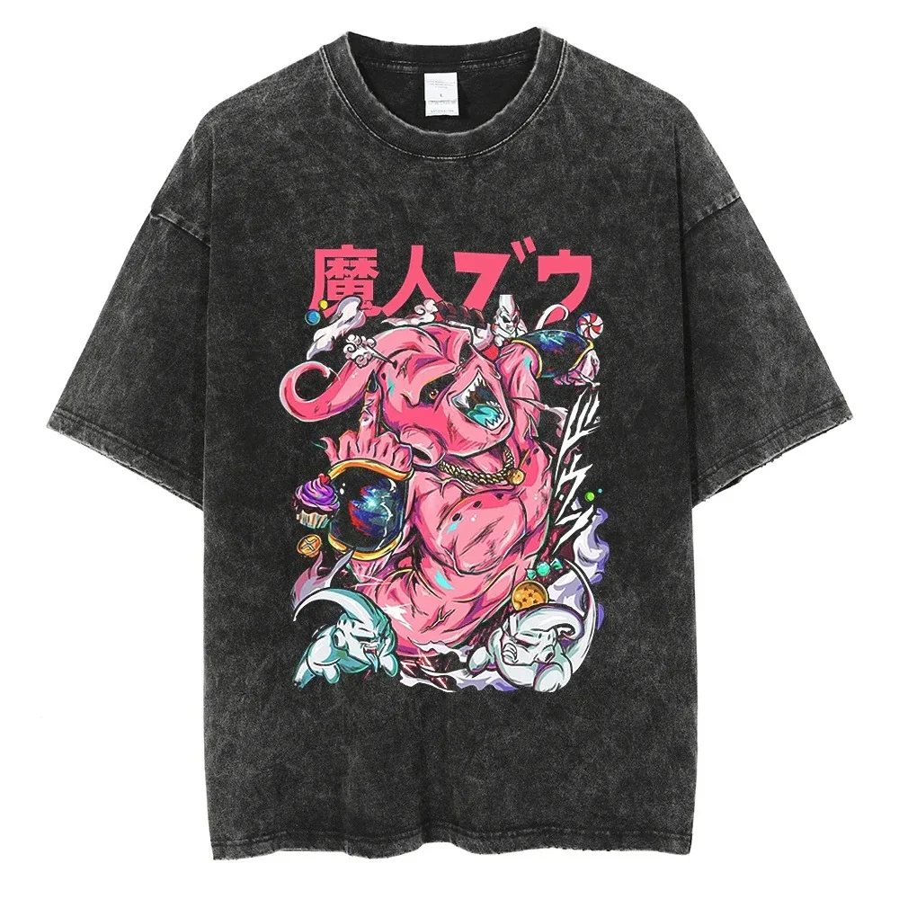 A black t-shirt with a distressed print of Majin Buu from the Dragon Ball series. The image shows Majin Buu enjoying sweets and candies, with the Japanese text "魔人ブウ" (Majin Buu) written above.