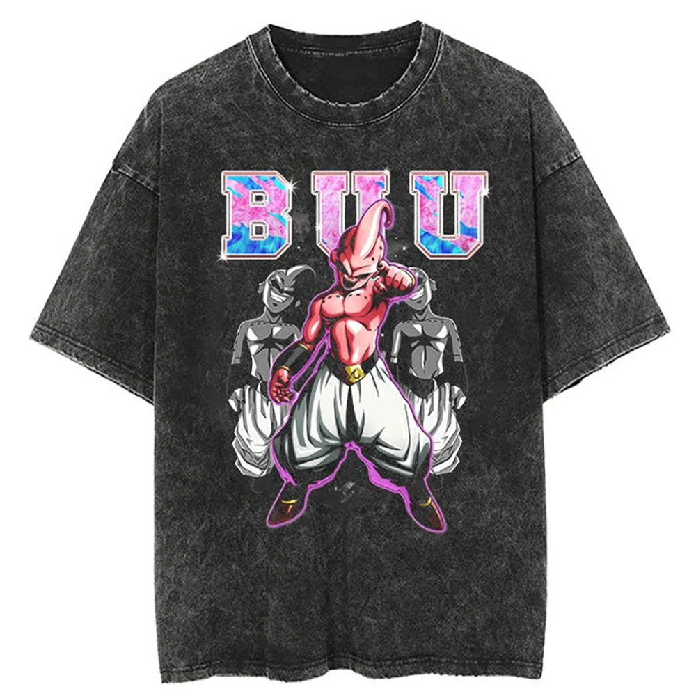 A black t-shirt with a distressed print of Majin Buu from the Dragon Ball series. The image shows Majin Buu in a playful pose, with the text "BUU" stylized in a bold font.