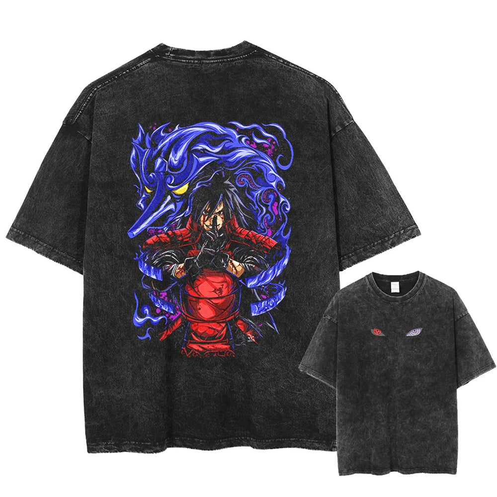  A black t-shirt with a distressed print of Madara Uchiha from Naruto, standing with the Nine-Tails behind him. The front of the shirt has a small print of the Sharingan eyes