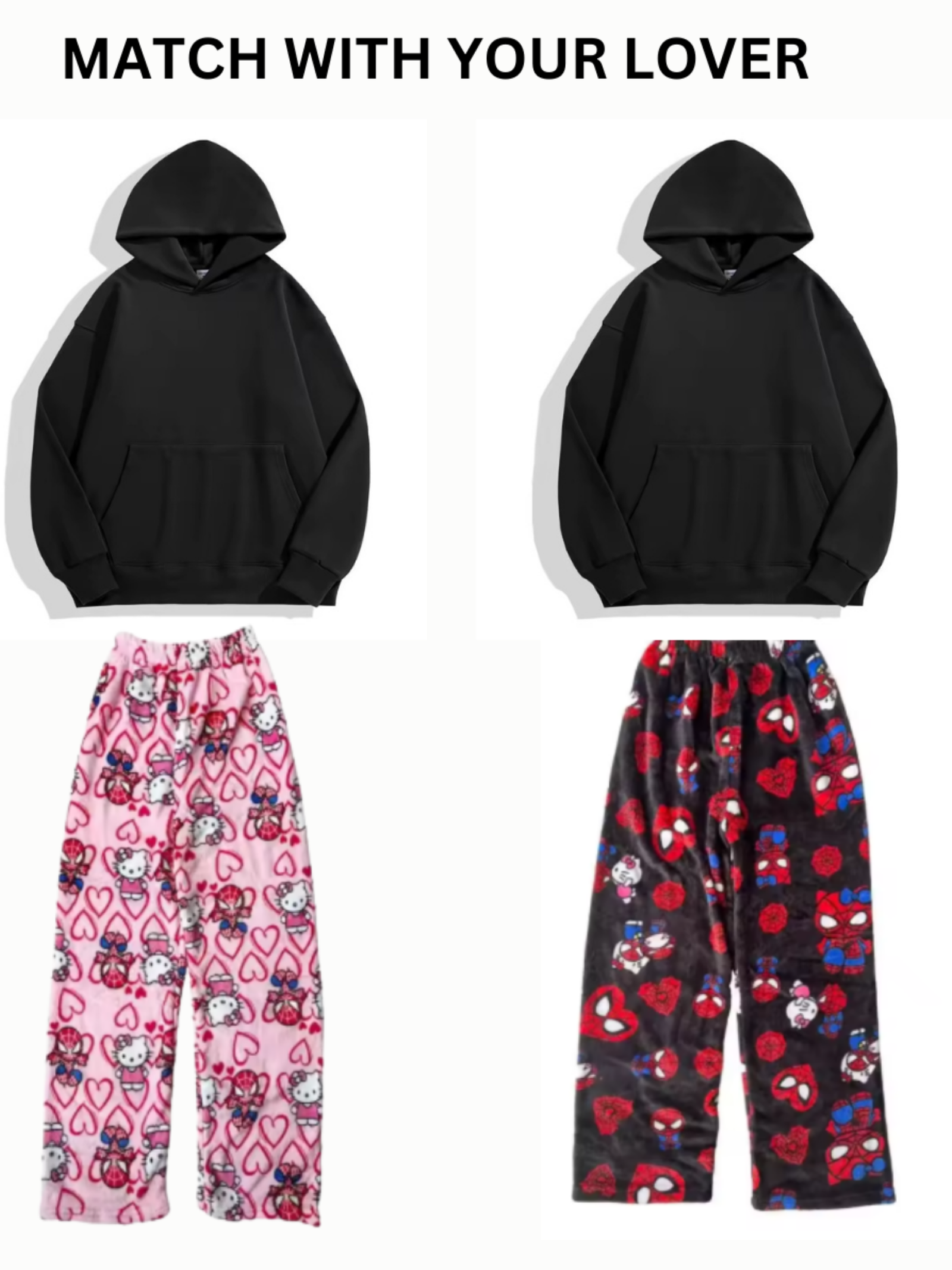Black Hello Kitty & Spider‑Man Pajama Pants for Couples