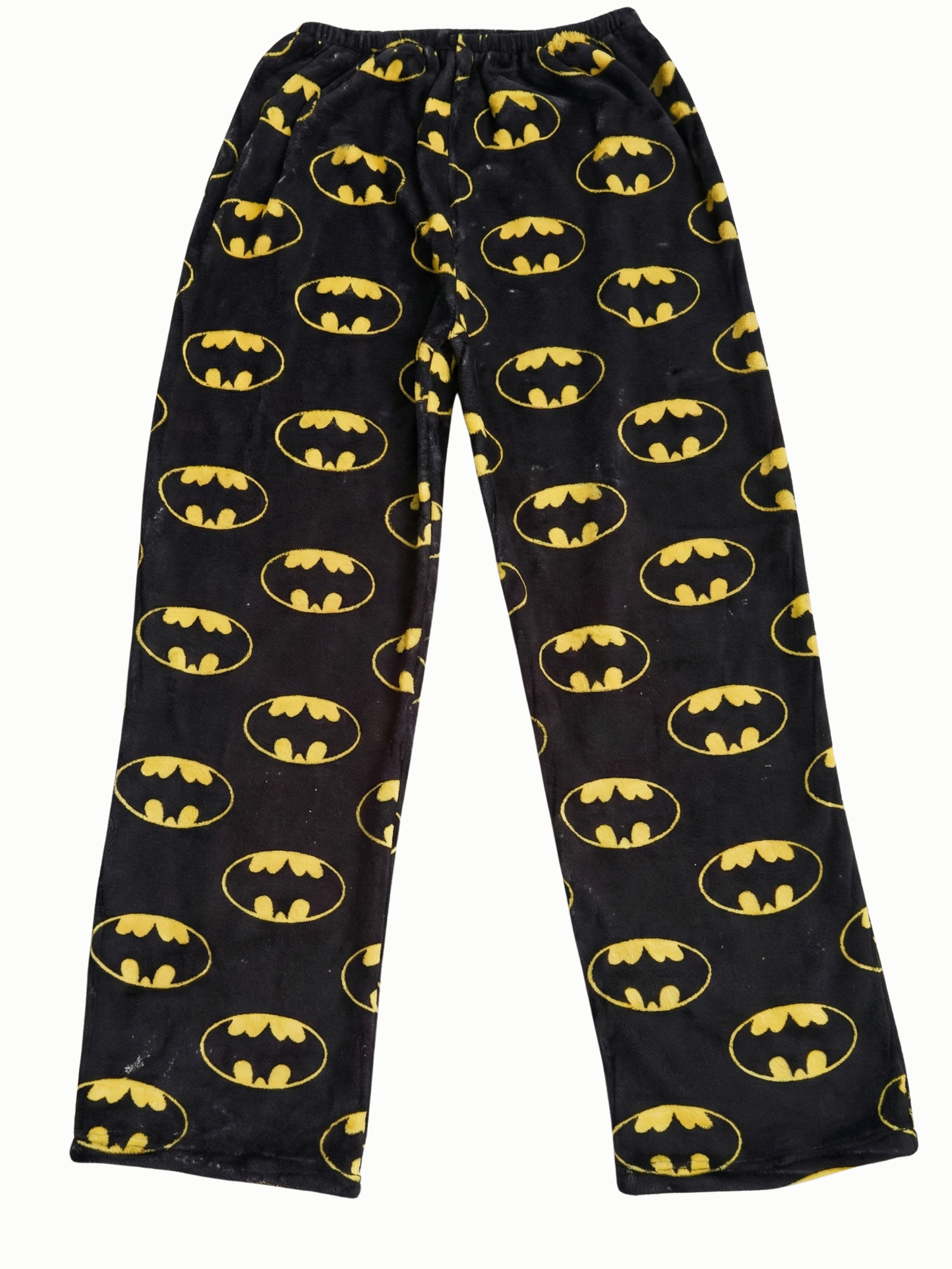 Black pajama pants with yellow Batman logos on a white background