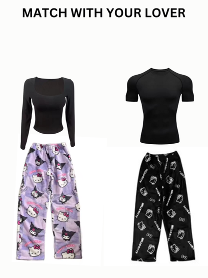 Black Hello Kitty Outline Pajama Pants for Couples