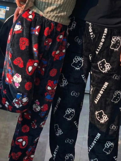Black Hello Kitty Outline Pajama Pants for Couples