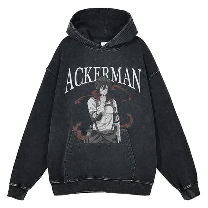 Black hoodie with a distressed image of Mikasa Ackerman