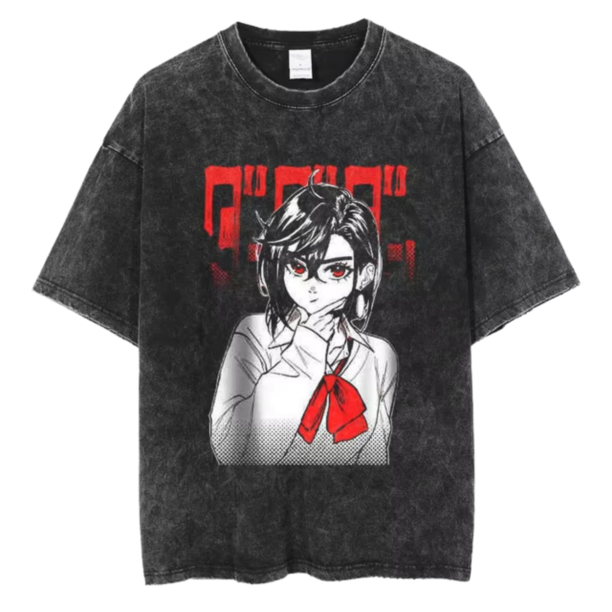 A black acid-washed T-shirt featuring a bold anime design of a girl with glasses, dark hair, and a red bowtie, framed by red and white graphic text.