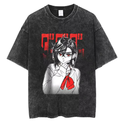 A black acid-washed T-shirt featuring a bold anime design of a girl with glasses, dark hair, and a red bowtie, framed by red and white graphic text.