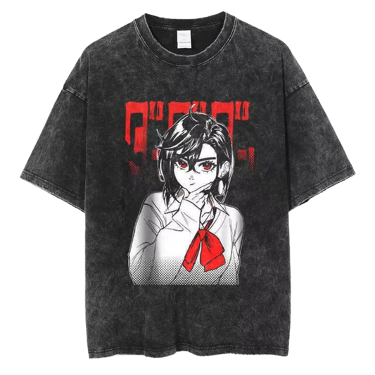 A black acid-washed T-shirt featuring a bold anime design of a girl with glasses, dark hair, and a red bowtie, framed by red and white graphic text.