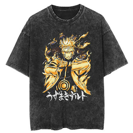  A black t-shirt with a distressed print of Naruto Uzumaki from Naruto, in his Sage Mode with the Nine-Tails Chakra Mode activated. The Japanese text on the shirt reads Uzumaki Naruto