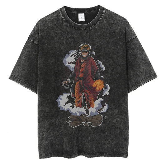 Black vintage oversized T-shirt with a distressed wash, featuring a bold graphic of Naruto as Hokage standing on cracked ground, surrounded by white smoke effects. Naruto is depicted in red robes with vibrant orange fire emanating from his hand, embodying the iconic Leaf Village leader. Perfect for anime enthusiasts seeking stylish streetwear.